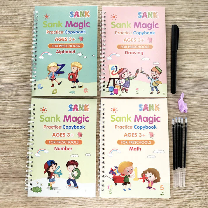 Sank Magic Practice Copybook Set Of 4 Books With Pen & Refills Reusable Handwriting Workbook Tracing Practice Book For Preschools