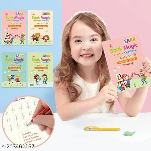 Sank Magic Practice Copybook Set Of 4 Books With Pen & Refills Reusable Handwriting Workbook Tracing Practice Book For Preschools