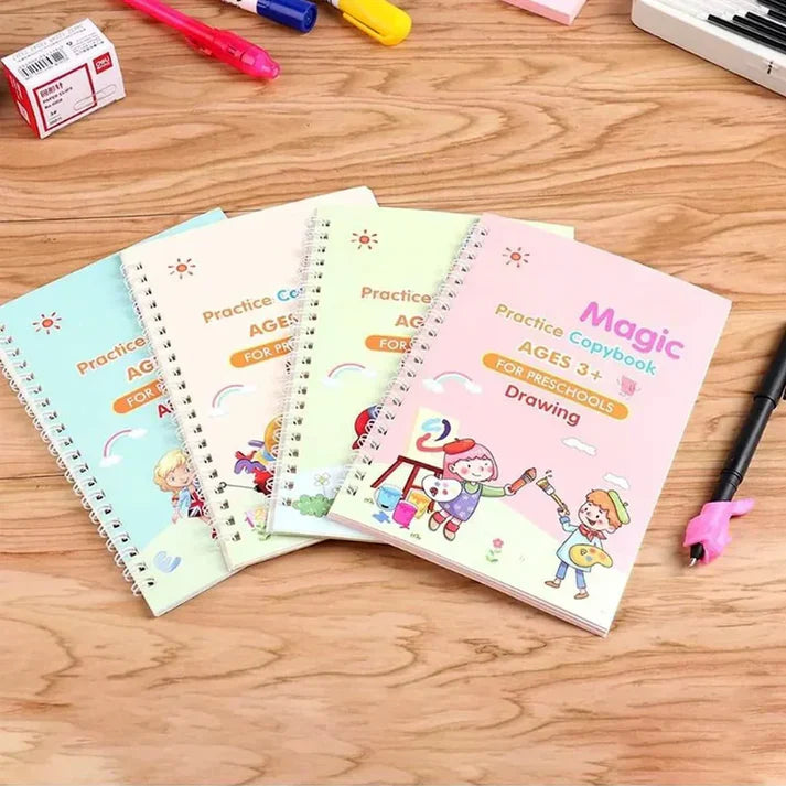 Sank Magic Practice Copybook Set Of 4 Books With Pen & Refills Reusable Handwriting Workbook Tracing Practice Book For Preschools