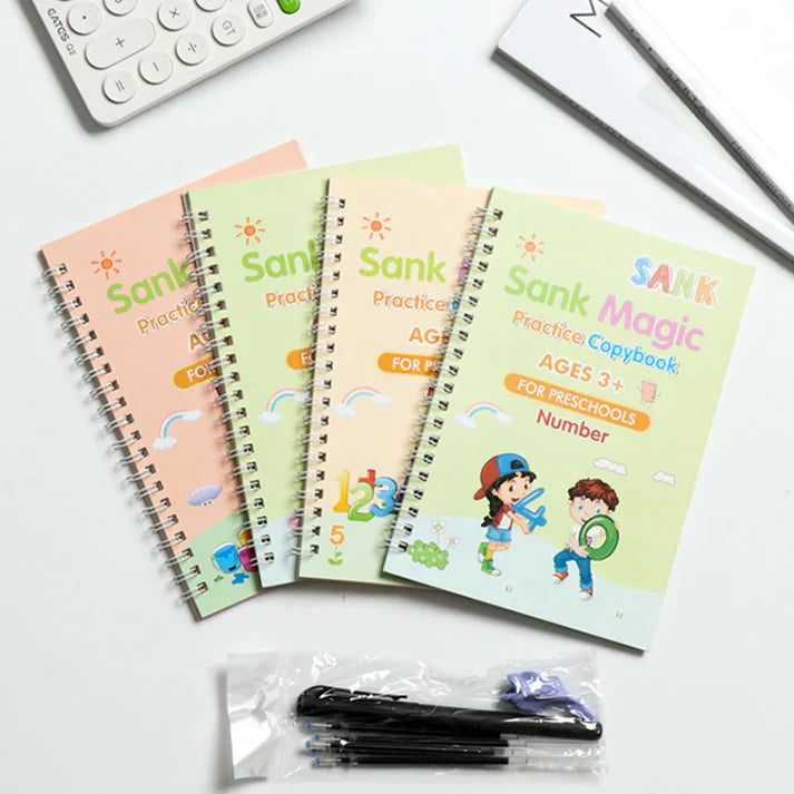 Sank Magic Practice Copybook Set Of 4 Books With Pen & Refills Reusable Handwriting Workbook Tracing Practice Book For Preschools
